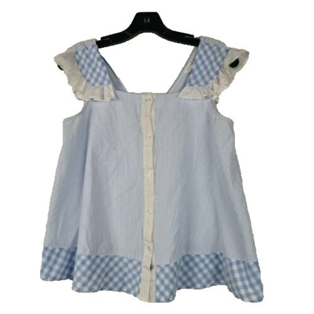 After Market Womens Sleeveless Top Small Blue White Plaid Ruffle BOHO Coquette